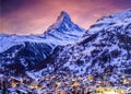 Zermatt town with Matterhorn with Christmas illumination during twlight Royalty Free Stock Photo