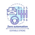 Zero automation concept icon. Car with manual transmission. Vehicle, gearbox, steering wheel. Driving school idea thin