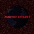 Zero Day Exploit text with earth by night and red hex code illustration