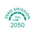 Zero emission by 2050. Gauge arrow set to zero. Carbon neutral.