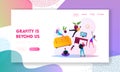 Zero Gravity or Antigravity Landing Page Template. Characters Freeze and Hanging in Air with Household Accessories