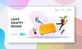 Zero Gravity or Antigravity Landing Page Template. Characters Freeze Hanging in Air with House Accessories, Floating