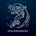 Zero Gravity Thrills. Astronaut Skateboarding in Space. Line drawing of astronaut riding skateboard outer deep space