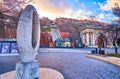 Zero Kilometre Stone sculpture in form of zero sign, on February 23 in Budapest, Hungary