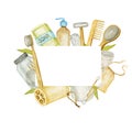 Zero waste bathroom accessories frame. Natural sisal brush, wooden comb, solid soap, shampoo bars, Safety razor