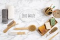 Zero waste bathroom kit. Set of eco friendly personal hygieny reusable accessories. Bamboo tooth brushes, soap bars, dry shampoo.