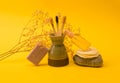 Zero waste beauty care products on yellow Royalty Free Stock Photo