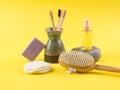 Zero waste beauty routine products on yellow Royalty Free Stock Photo