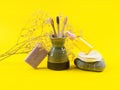 Zero waste beauty routine products on yellow Royalty Free Stock Photo