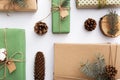 Zero waste Christmas composition background made of pine cones, branches, candle, tree rings, crafted gifts with no plastic on Royalty Free Stock Photo