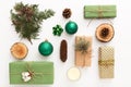 Zero waste Christmas composition background made of pine cones, branches, candle, tree rings, crafted gifts with no plastic on Royalty Free Stock Photo