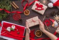 Zero waste Christmas , concept. Handmade gifts made of Kraft paper, thread and natural red felt.Surprise.Without plastic. DIY. Royalty Free Stock Photo