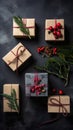 Zero waste Christmas gifts wrapped in brown paper with natural decor, AI generative