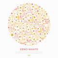 Zero waste concept in circle with thin line icons: menstrual cup, safety razor, glass jar, natural deodorant, hand coffee grinder