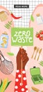 Zero waste concept with eco objects. Hand holding a nameplates with inscription `Zero waste`.
