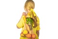 Zero waste concept. Girl holding cotton eco bag organic fruits, vegetables. Woman holding eco-friendly string reusable