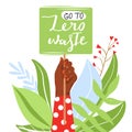 Zero waste concept with leaves. Hand holding a nameplates with inscription `Go to zero waste`. Royalty Free Stock Photo