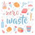 Zero waste concept. Lettering with hand drawn design elements. Household goods. Royalty Free Stock Photo