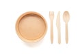 Zero waste concept. paper plate and wooden fork, spoon, knife isolated on a white background. Plastic rejection Royalty Free Stock Photo