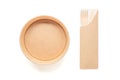 Zero waste concept. paper plate and wooden fork, the spoon, knife isolated on a white background. Plastic rejection Royalty Free Stock Photo