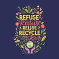 Zero waste concept, recycle and reuse, reduce - ecological lifestyle, set with lettering