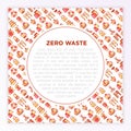 Zero waste concept with thin line icons: menstrual cup, safety razor, glass jar, french press, metal scissors, bath body brush,