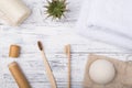 Zero waste concept. Top above overhead view photo of  eco bath products toothbrus in case cover wooden box isolated on white Royalty Free Stock Photo