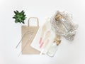 Zero Waste concept. Top view reusable tableware and packaging flat lay