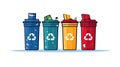 Zero waste concept, trash in recycling container, illustration of four waste containers on white background