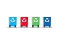 Zero waste concept, trash in recycling container, illustration of four waste containers on white background. AI generated