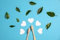 Zero waste concept. Two wooden bamboo eco friendly toothbrushes, green leaf, white hearts on blue background.