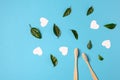 Zero waste concept. Two wooden bamboo eco friendly toothbrushes, green leaf, white hearts on blue color background wall in studio Royalty Free Stock Photo