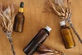 Zero waste cosmetics. Shampoo, serum and ubtan in glass bottles on wooden background with dried protea flowers, flat lay. Plastic