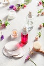 Zero waste eco friendly bath and body care products and wild flowers. natural cosmetics for home spa treatment Royalty Free Stock Photo