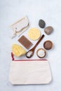 Zero waste, eco friendly bathroom accessories concept on concrete background. Flat lay Royalty Free Stock Photo