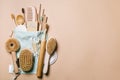 Zero waste. Eco friendly bathroom and kitchen accessories on a beige background Royalty Free Stock Photo