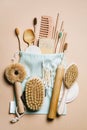 Zero waste. Eco friendly bathroom and kitchen accessories on a beige background Royalty Free Stock Photo