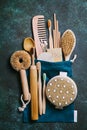 Zero waste. Eco friendly bathroom and kitchen accessories on a green background Royalty Free Stock Photo