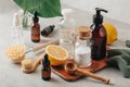 zero waste eco friendly cleaning concept. wooden brushes, baking soda, vinegar Royalty Free Stock Photo