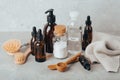 zero waste eco friendly cleaning concept. wooden brushes, baking soda, vinegar Royalty Free Stock Photo