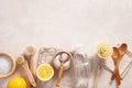 Zero waste eco friendly cleaning concept. wooden brushes, lemon, baking soda, vinegar Royalty Free Stock Photo