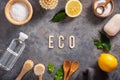 Zero waste eco friendly cleaning concept. wooden brushes, lemon, baking soda, vinegar Royalty Free Stock Photo