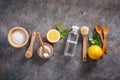 Zero waste eco friendly cleaning concept. wooden brushes, lemon, baking soda, vinegar Royalty Free Stock Photo