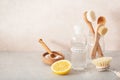 Zero waste eco friendly cleaning concept. wooden brushes, lemon, baking soda, vinegar Royalty Free Stock Photo