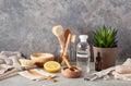 Zero waste eco friendly cleaning concept. wooden brushes, lemon, baking soda, vinegar Royalty Free Stock Photo