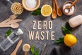 Zero waste eco friendly cleaning concept. wooden brushes, lemon, baking soda, vinegar Royalty Free Stock Photo