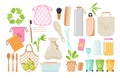 Zero waste and eco friendly items flat vector illustrations set