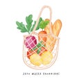 A Zero waste eco friendly shopping bag full of fresh vegetables watercolor hand drawing illustration, bring your own bag
