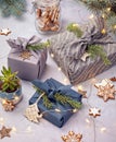 Zero Waste, eco-friendly, sustainable Christmas. Cloth Furoshiki wrapped gifts.