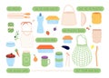 Zero waste. Eco lifestyle stickers, reusable bags and pack. Sustainability cutlery, hairbrush and durable goods. Eco